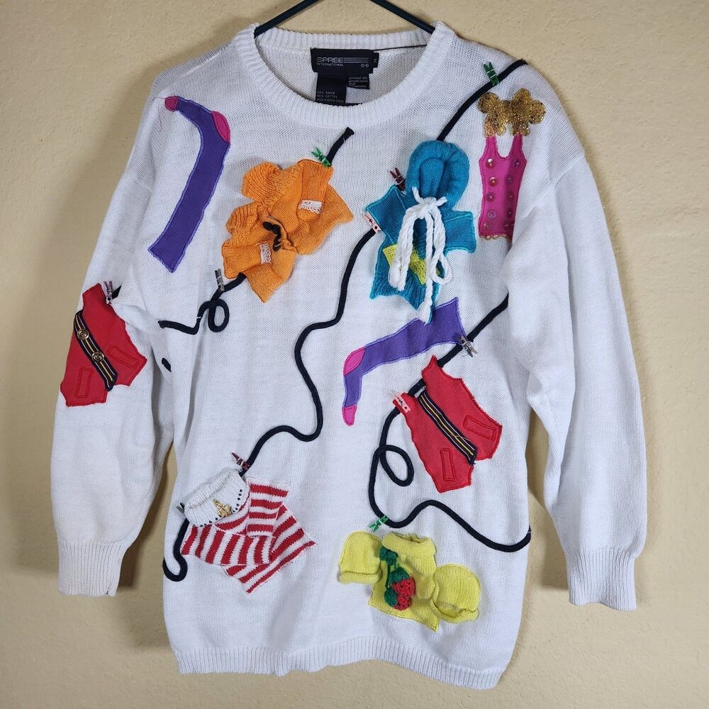Vintage ugly Sweater Women Medium Sequin 3D Clothesline‎ Novelty 80s Spree